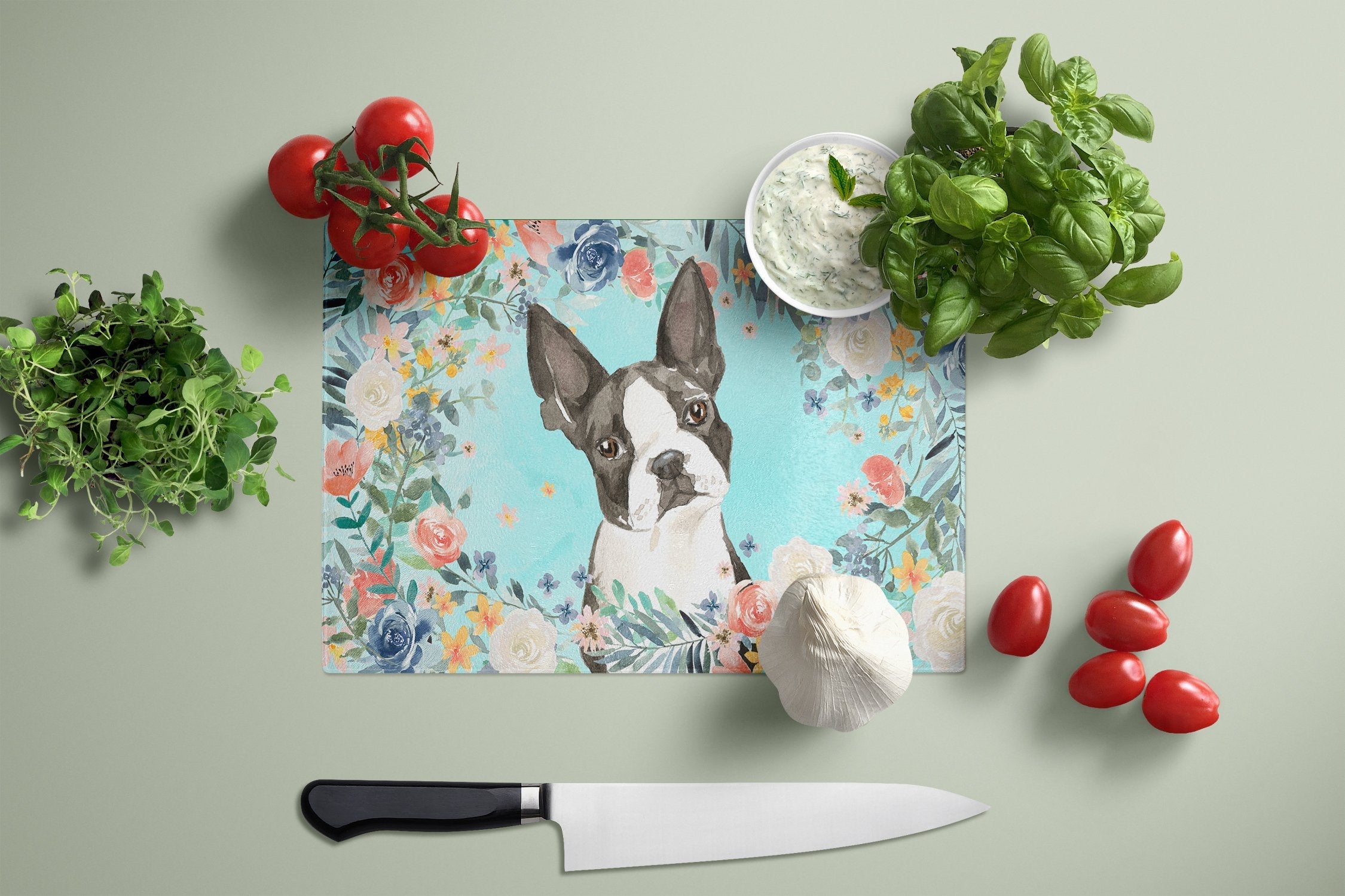 Boston Terrier Cutting Board Tempered Glass Kitchen Cutting Surface, Heat Resistant Chopping, Non-Slip Feet, Food Prep & Serving