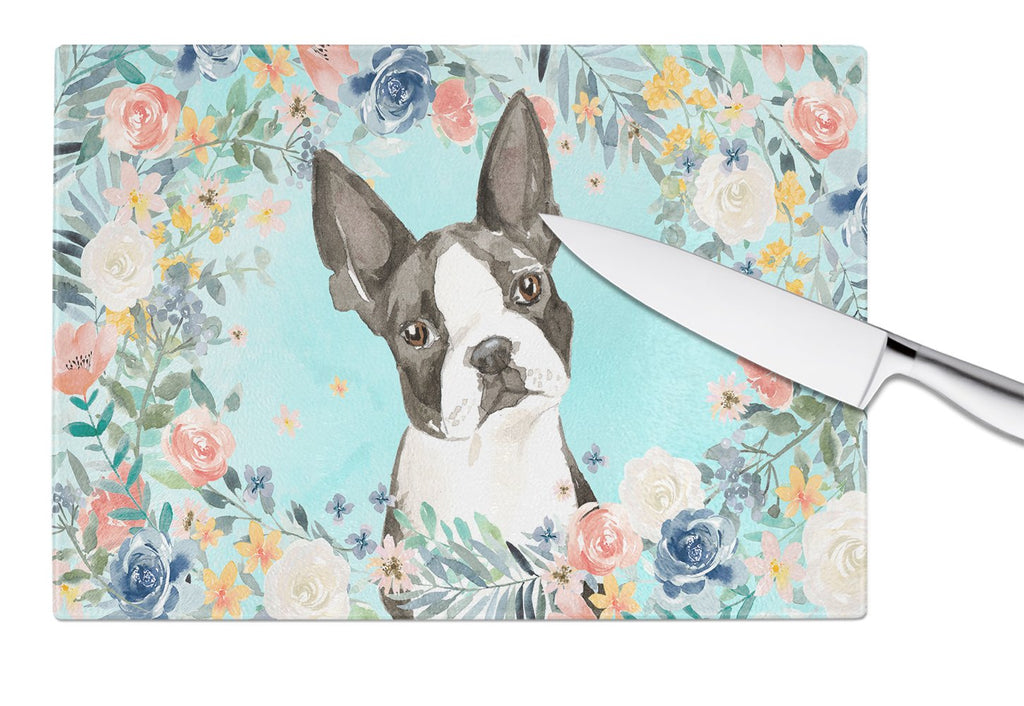 Boston Terrier Cutting Board Tempered Glass Kitchen Cutting Surface, Heat Resistant Chopping, Non-Slip Feet, Food Prep & Serving