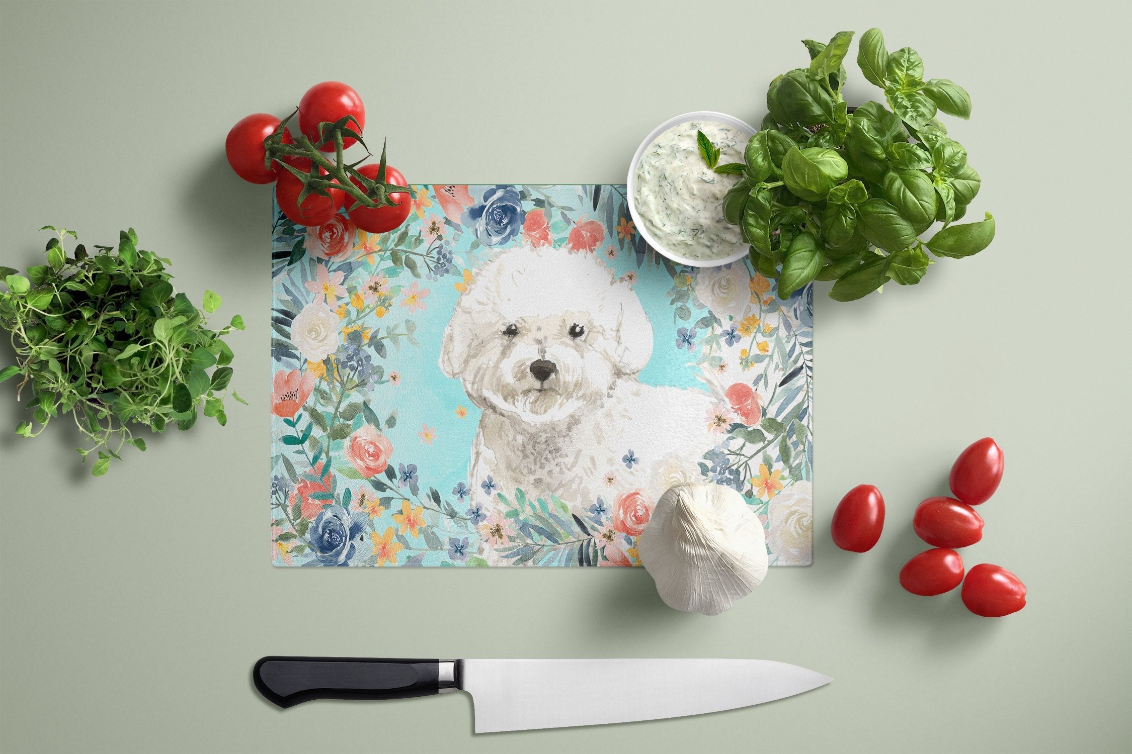 Bichon Frise Cutting Board Tempered Glass Kitchen Cutting Surface, Heat Resistant Chopping, Non-Slip Feet, Food Prep & Serving