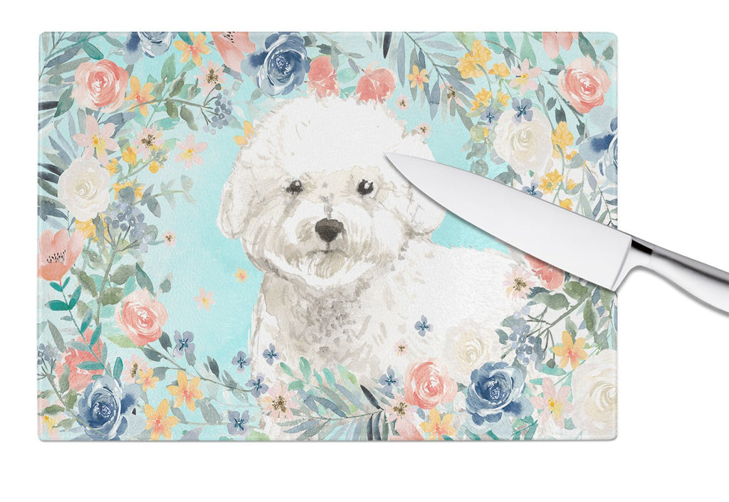 Bichon Frise Cutting Board Tempered Glass Kitchen Cutting Surface, Heat Resistant Chopping, Non-Slip Feet, Food Prep & Serving