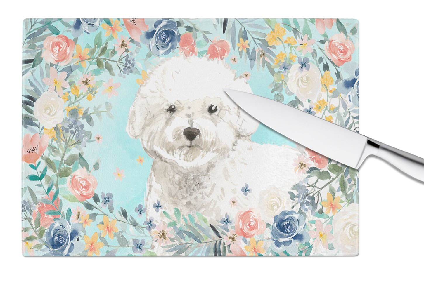 Bichon Frise Cutting Board Tempered Glass Kitchen Cutting Surface, Heat Resistant Chopping, Non-Slip Feet, Food Prep & Serving