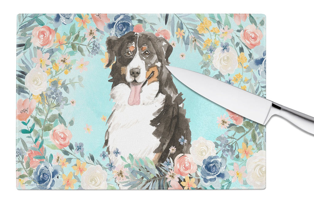 Bernese Mountain Dog Cutting Board Tempered Glass Kitchen Cutting Surface, Heat Resistant Chopping, Non-Slip Feet, Food Prep & Serving