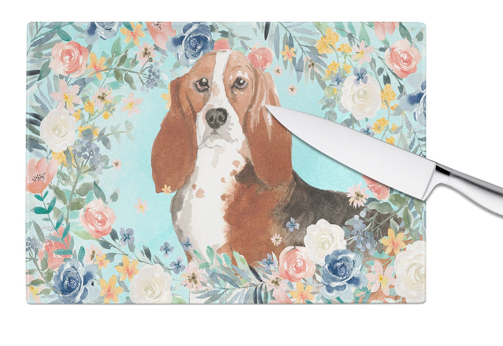 Basset Hound Cutting Board Tempered Glass Kitchen Cutting Surface, Heat Resistant Chopping, Non-Slip Feet, Food Prep & Serving