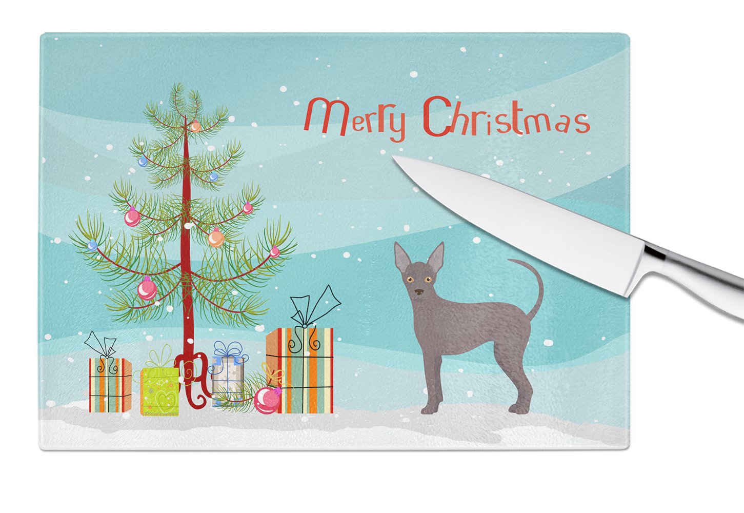 Abyssinian or African Hairless Dog Christmas Tree Cutting Board Tempered Glass Kitchen Cutting Surface, Heat Resistant Chopping, Non-Slip Feet, Food Prep & Serving