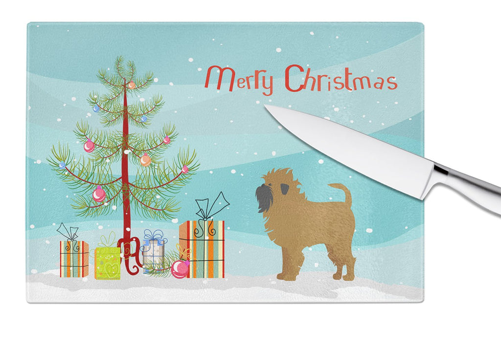 Tan Affenpinscher Christmas Tree Cutting Board Tempered Glass Kitchen Cutting Surface, Heat Resistant Chopping, Non-Slip Feet, Food Prep & Serving