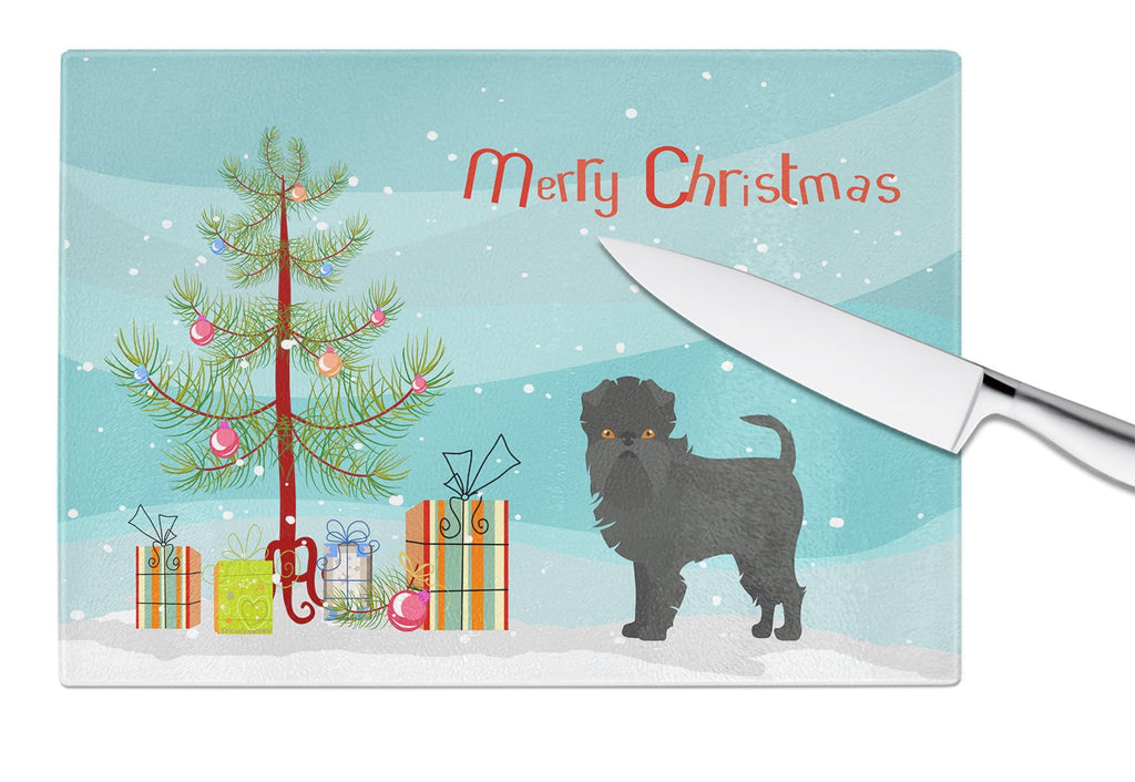 Affenpinscher Christmas Tree Cutting Board Tempered Glass Kitchen Cutting Surface, Heat Resistant Chopping, Non-Slip Feet, Food Prep & Serving
