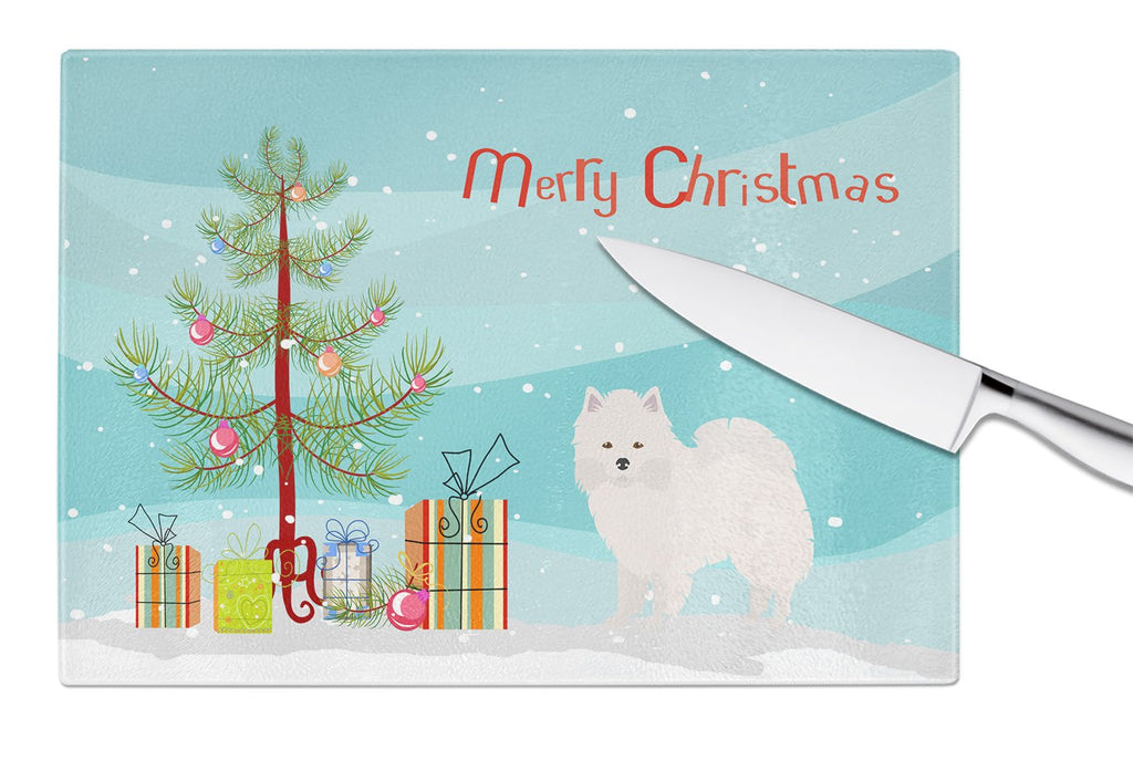American Eskimo Christmas Tree Cutting Board Tempered Glass Kitchen Cutting Surface, Heat Resistant Chopping, Non-Slip Feet, Food Prep & Serving