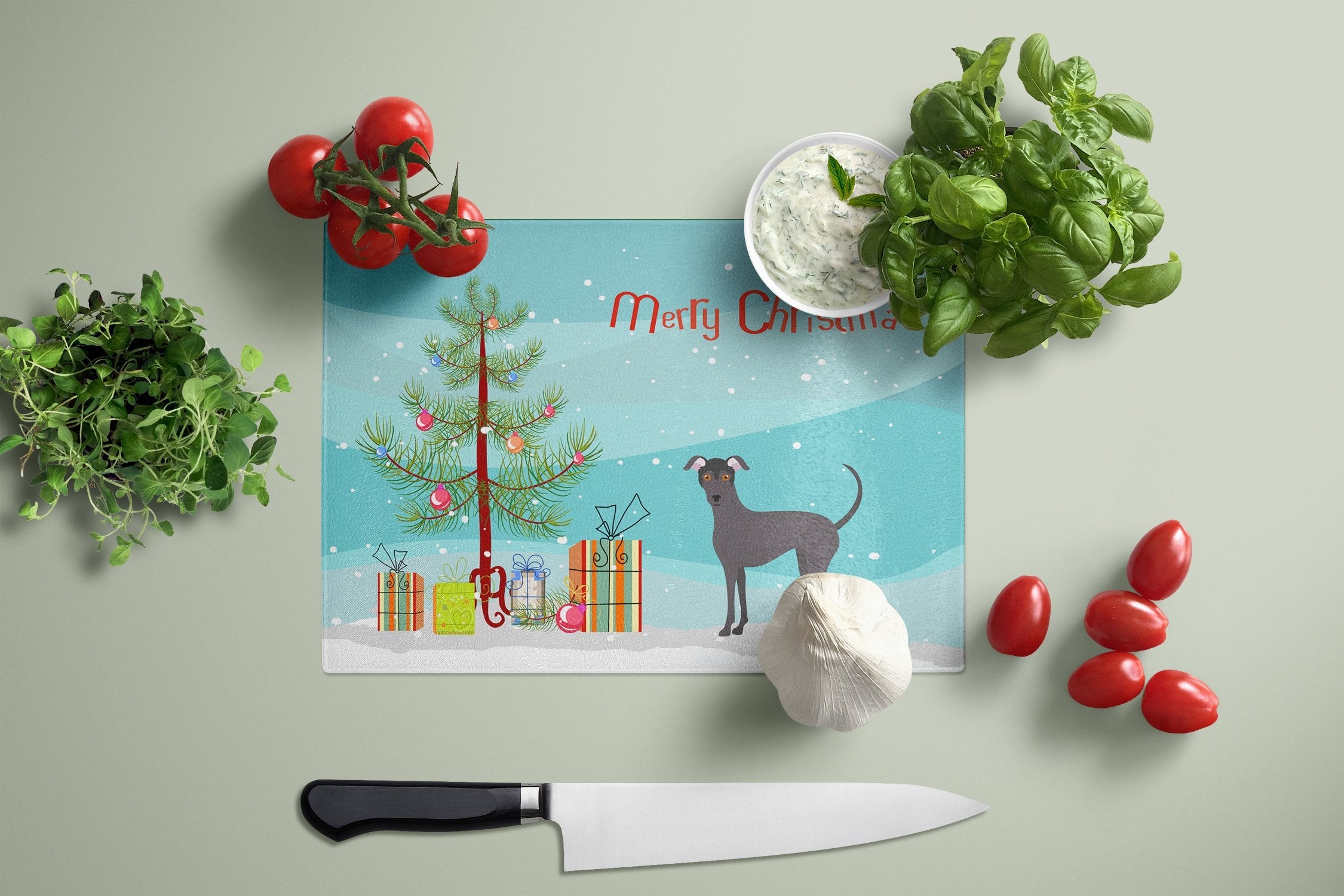Argentine Pila Dog Christmas Tree Cutting Board Tempered Glass Kitchen Cutting Surface, Heat Resistant Chopping, Non-Slip Feet, Food Prep & Serving