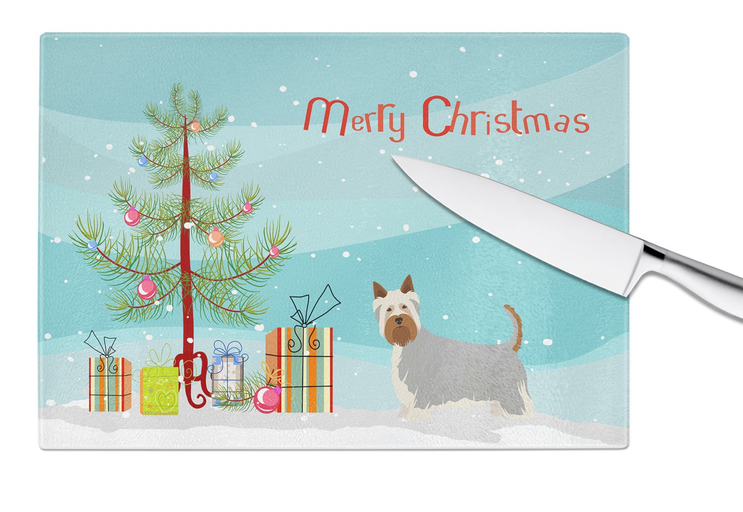 Australian Silky Terrier Christmas Tree Cutting Board Tempered Glass Kitchen Cutting Surface, Heat Resistant Chopping, Non-Slip Feet, Food Prep & Serving