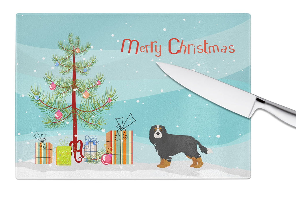 Cavalier Spaniel Christmas Tree Cutting Board Tempered Glass Kitchen Cutting Surface, Heat Resistant Chopping, Non-Slip Feet, Food Prep & Serving