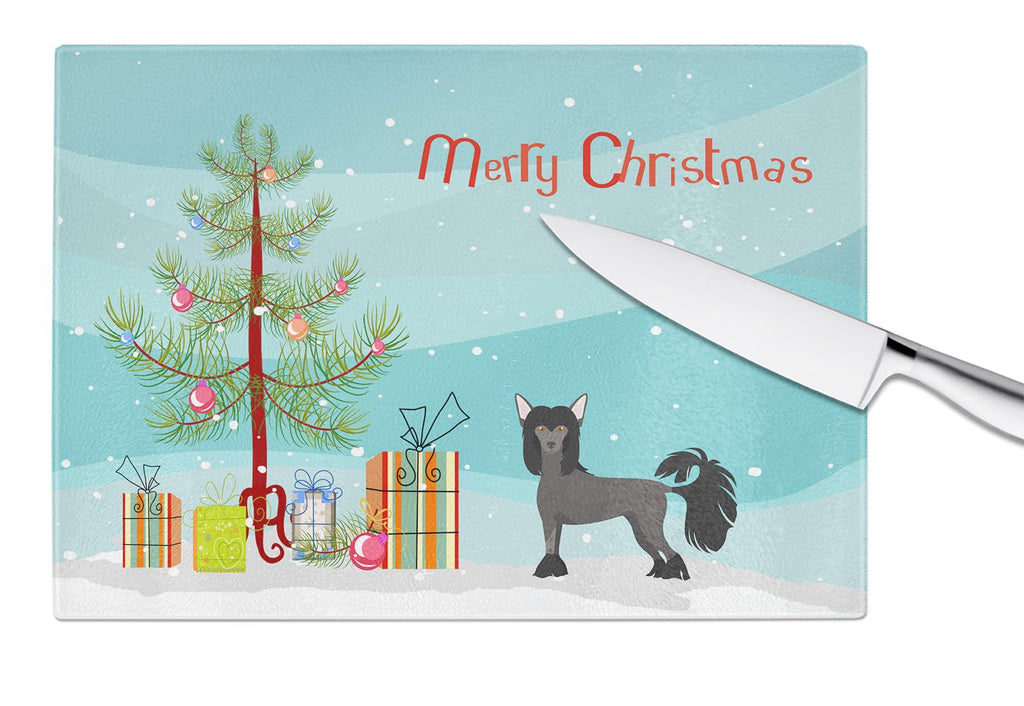 Chinese Crested Christmas Tree Cutting Board Tempered Glass Kitchen Cutting Surface, Heat Resistant Chopping, Non-Slip Feet, Food Prep & Serving