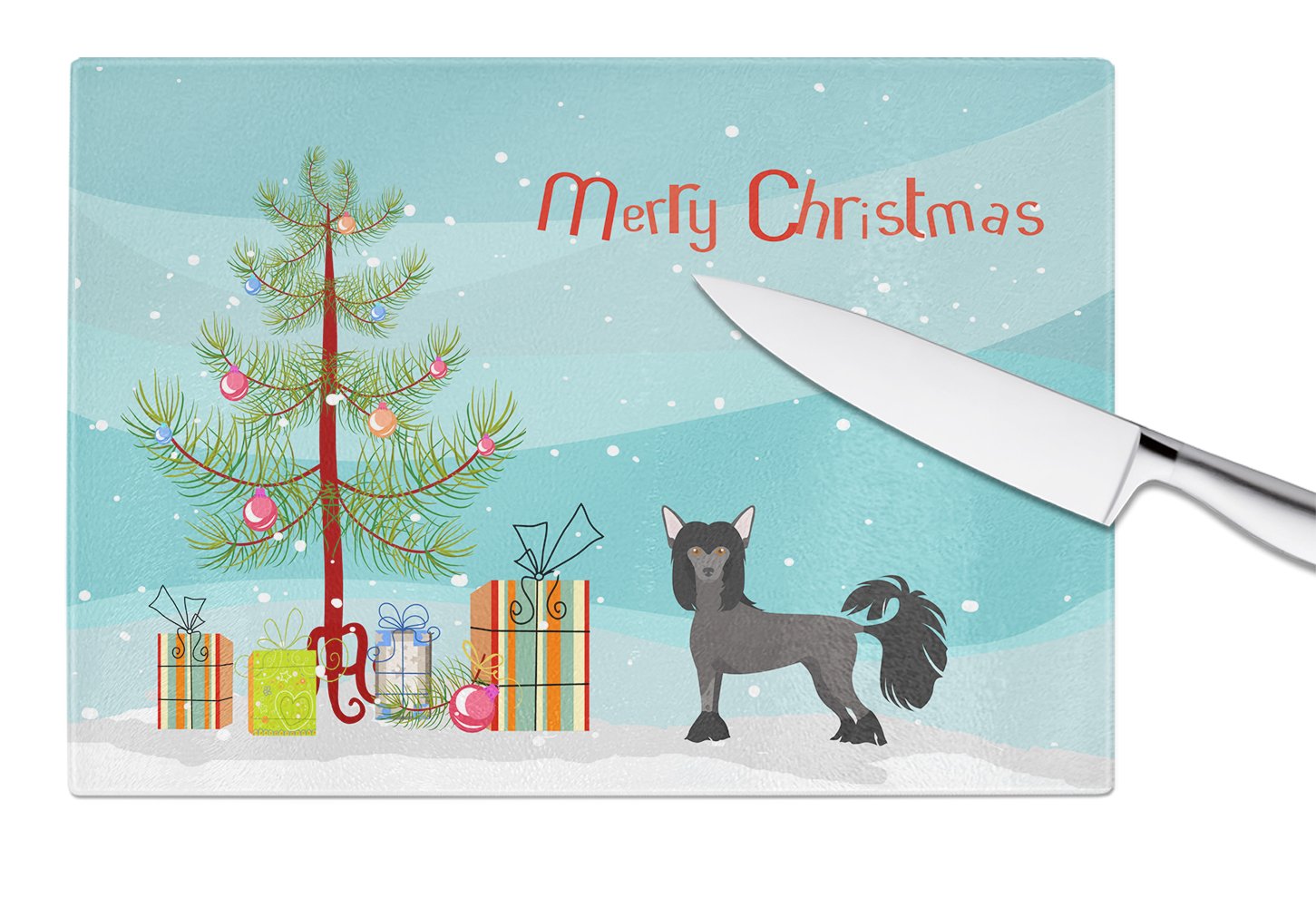 Chinese Crested Christmas Tree Cutting Board Tempered Glass Kitchen Cutting Surface, Heat Resistant Chopping, Non-Slip Feet, Food Prep & Serving
