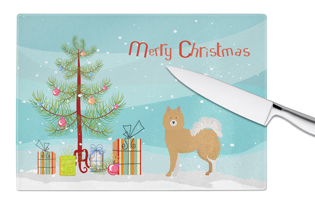 Brown & White Elo dog Christmas Tree Cutting Board Tempered Glass Kitchen Cutting Surface, Heat Resistant Chopping, Non-Slip Feet, Food Prep & Serving