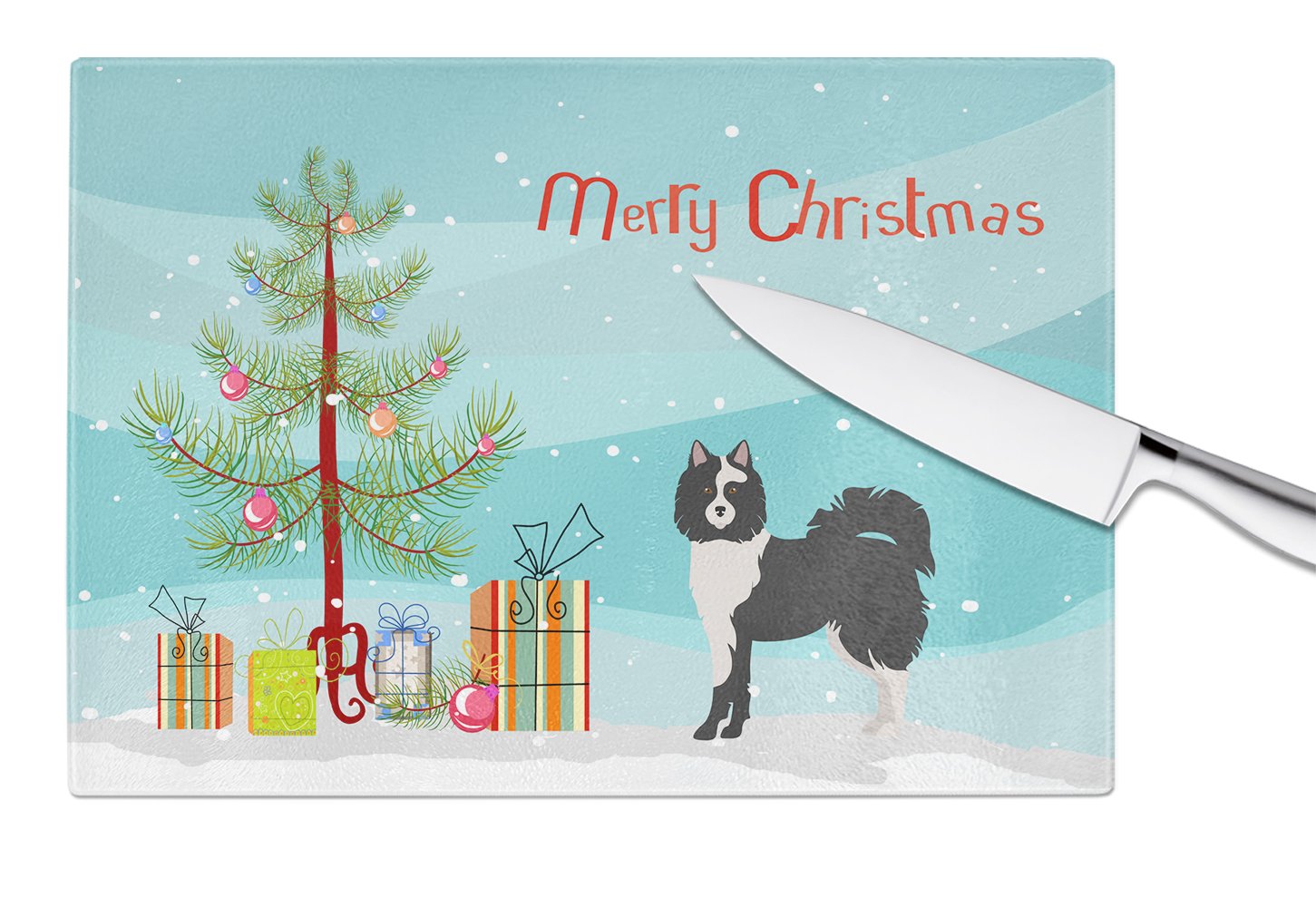 Black and White Elo dog Christmas Tree Cutting Board Tempered Glass Kitchen Cutting Surface, Heat Resistant Chopping, Non-Slip Feet, Food Prep & Serving