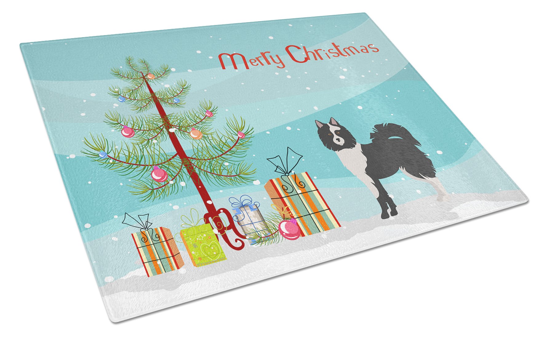Black and White Elo dog Christmas Tree Cutting Board Tempered Glass Kitchen Cutting Surface, Heat Resistant Chopping, Non-Slip Feet, Food Prep & Serving