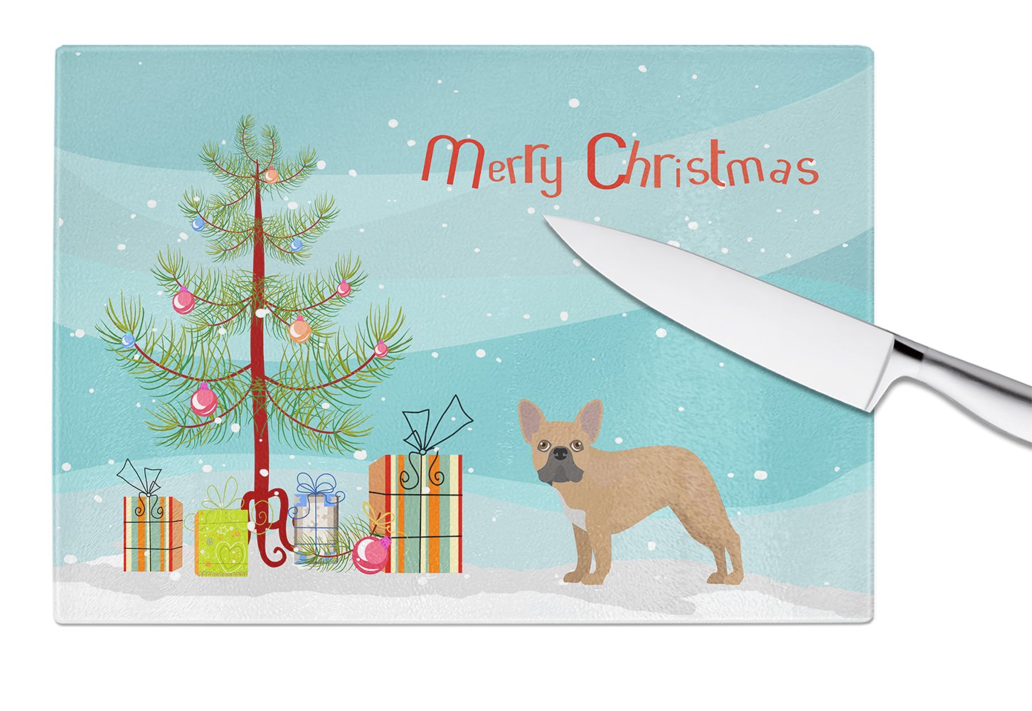 French Bulldog Christmas Tree Cutting Board Tempered Glass Kitchen Cutting Surface, Heat Resistant Chopping, Non-Slip Feet, Food Prep & Serving