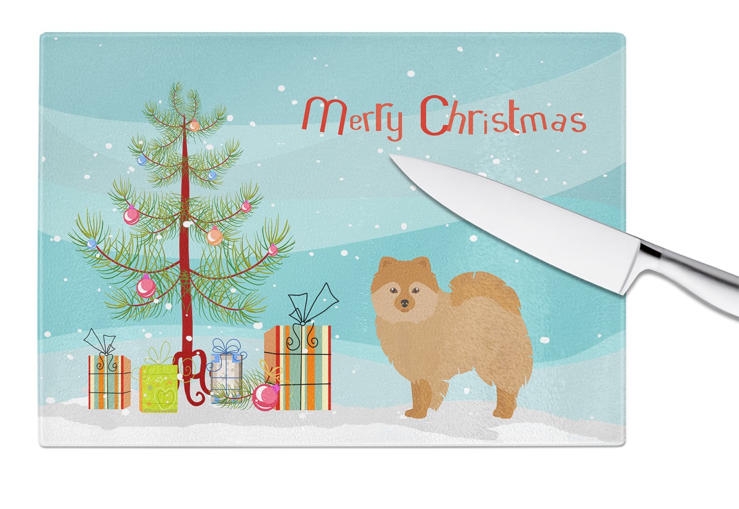 German Spitz Christmas Tree Cutting Board Tempered Glass Kitchen Cutting Surface, Heat Resistant Chopping, Non-Slip Feet, Food Prep & Serving