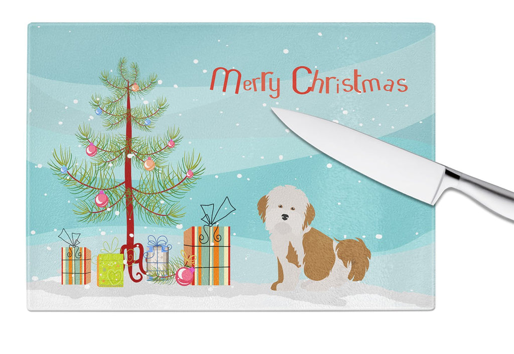Havanese Christmas Tree Cutting Board Tempered Glass Kitchen Cutting Surface, Heat Resistant Chopping, Non-Slip Feet, Food Prep & Serving