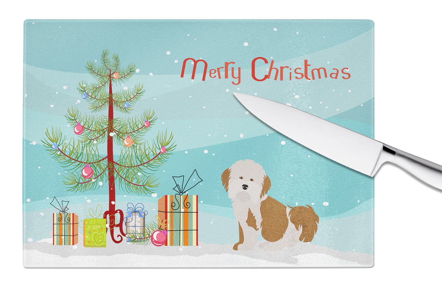 Havanese Christmas Tree Cutting Board Tempered Glass Kitchen Cutting Surface, Heat Resistant Chopping, Non-Slip Feet, Food Prep & Serving