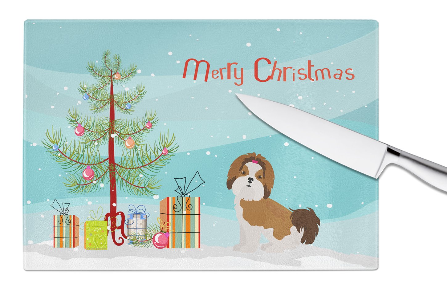 Imperial Shih Tzu Christmas Tree Cutting Board Tempered Glass Kitchen Cutting Surface, Heat Resistant Chopping, Non-Slip Feet, Food Prep & Serving