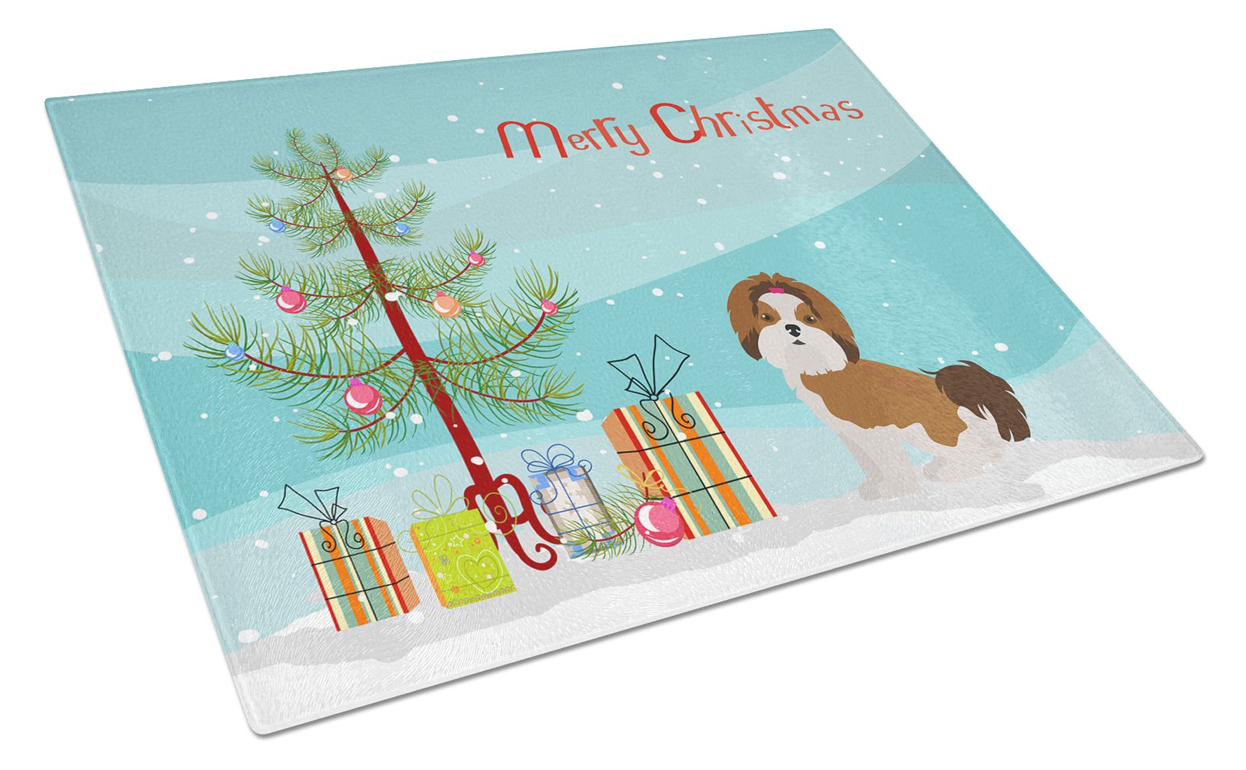 Imperial Shih Tzu Christmas Tree Cutting Board Tempered Glass Kitchen Cutting Surface, Heat Resistant Chopping, Non-Slip Feet, Food Prep & Serving