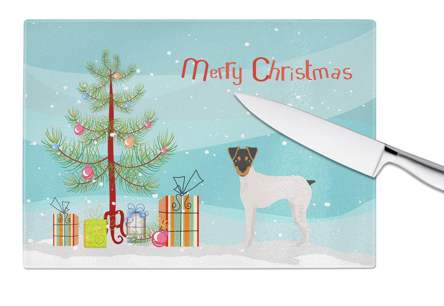 Japanese Terrier Christmas Tree Cutting Board Tempered Glass Kitchen Cutting Surface, Heat Resistant Chopping, Non-Slip Feet, Food Prep & Serving
