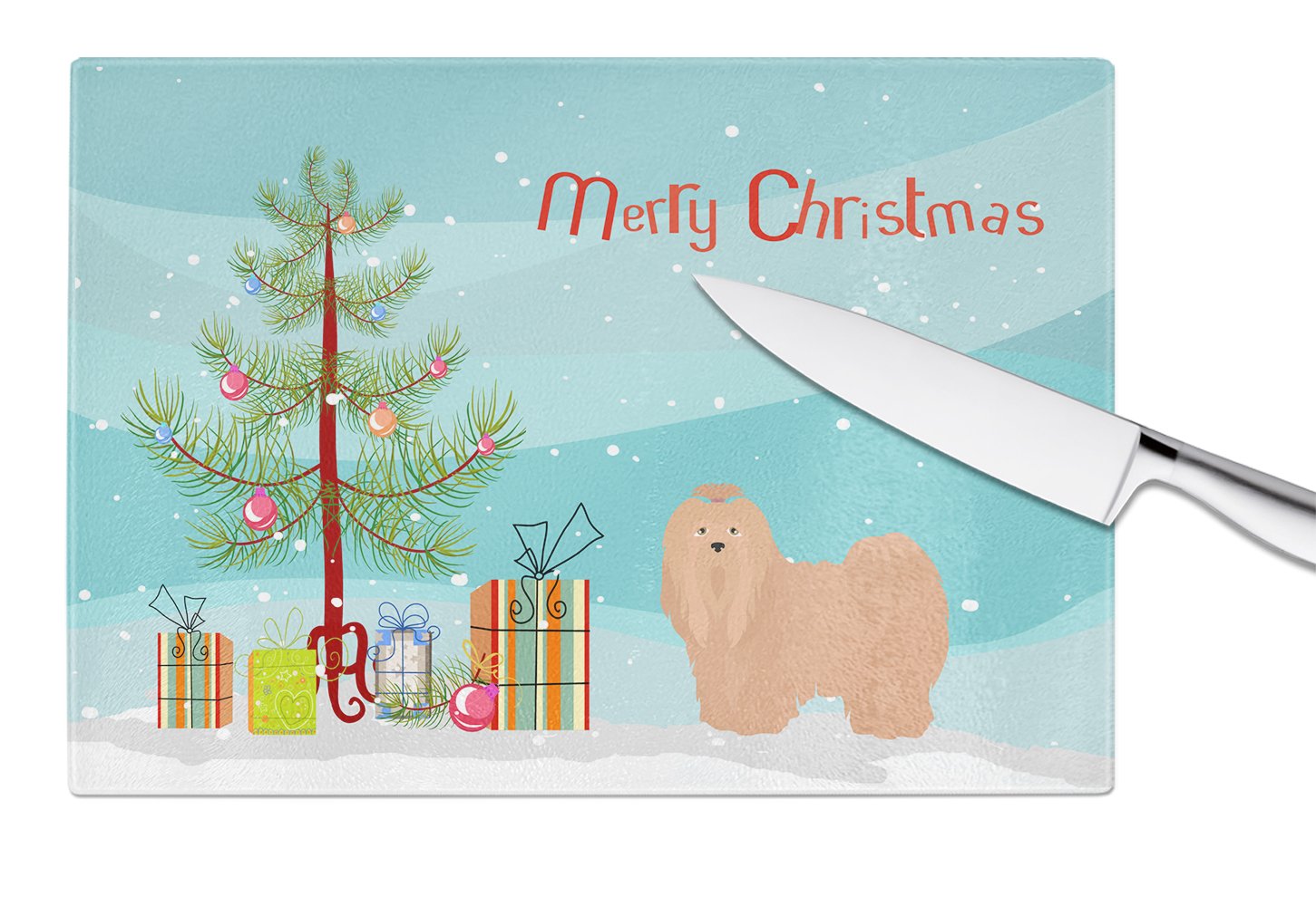 Tan Lhasa Apso Christmas Tree Cutting Board Tempered Glass Kitchen Cutting Surface, Heat Resistant Chopping, Non-Slip Feet, Food Prep & Serving