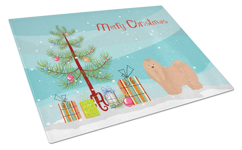 Tan Lhasa Apso Christmas Tree Cutting Board Tempered Glass Kitchen Cutting Surface, Heat Resistant Chopping, Non-Slip Feet, Food Prep & Serving