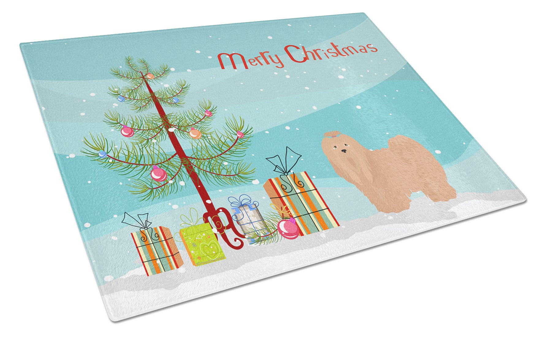 Tan Lhasa Apso Christmas Tree Cutting Board Tempered Glass Kitchen Cutting Surface, Heat Resistant Chopping, Non-Slip Feet, Food Prep & Serving