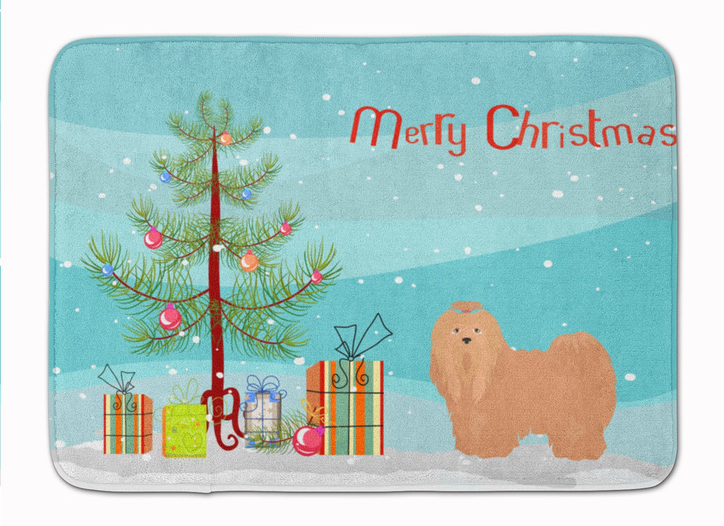 Tan Lhasa Apso Christmas Tree Memory Foam Kitchen Mat Machine Washable Anti-Fatigue Cushion Comfort Bath or Kitchen Rug