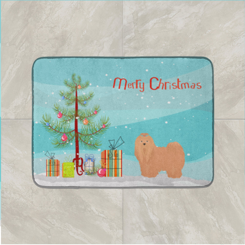 Tan Lhasa Apso Christmas Tree Memory Foam Kitchen Mat Machine Washable Anti-Fatigue Cushion Comfort Bath or Kitchen Rug