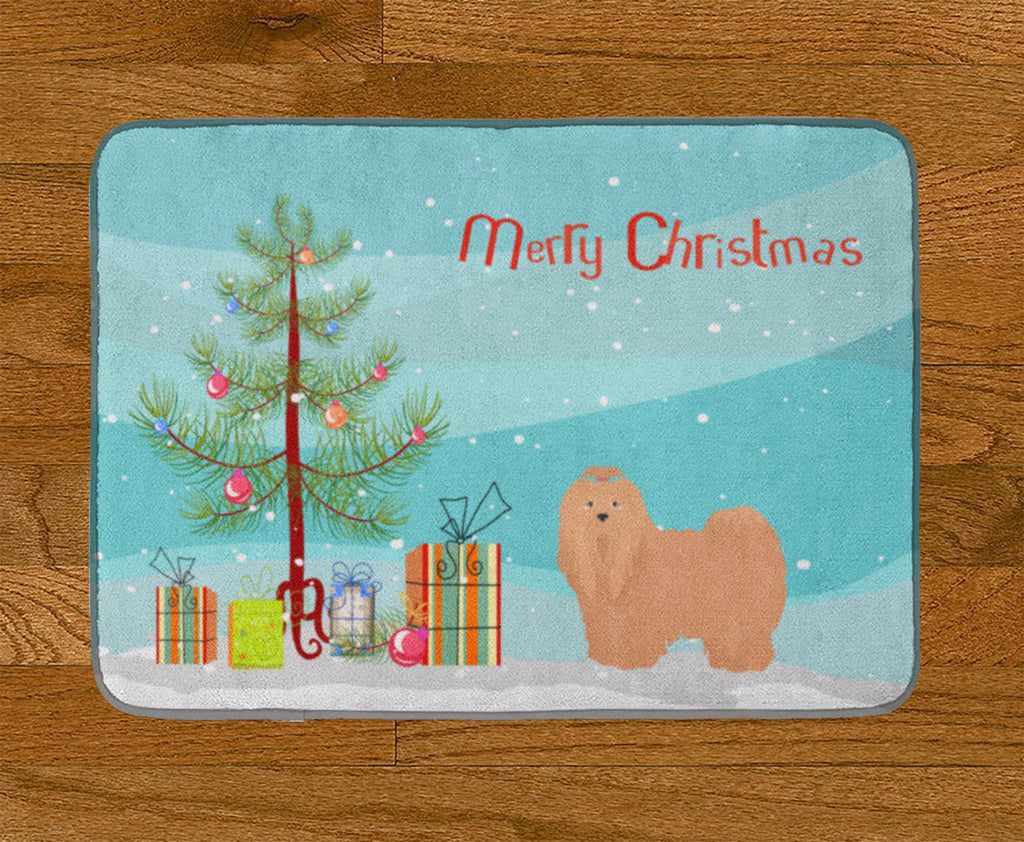 Tan Lhasa Apso Christmas Tree Memory Foam Kitchen Mat Machine Washable Anti-Fatigue Cushion Comfort Bath or Kitchen Rug