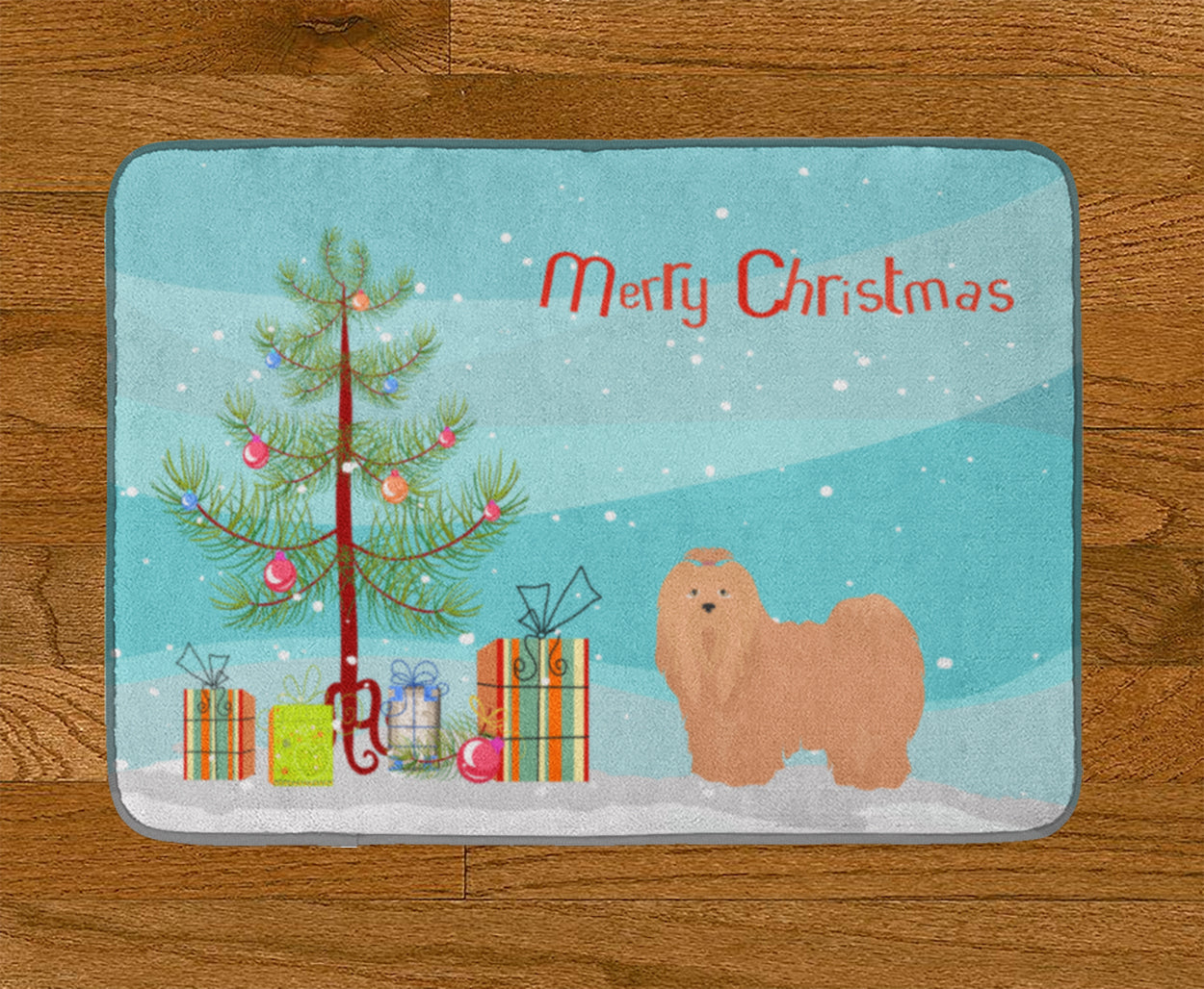 Tan Lhasa Apso Christmas Tree Memory Foam Kitchen Mat Machine Washable Anti-Fatigue Cushion Comfort Bath or Kitchen Rug