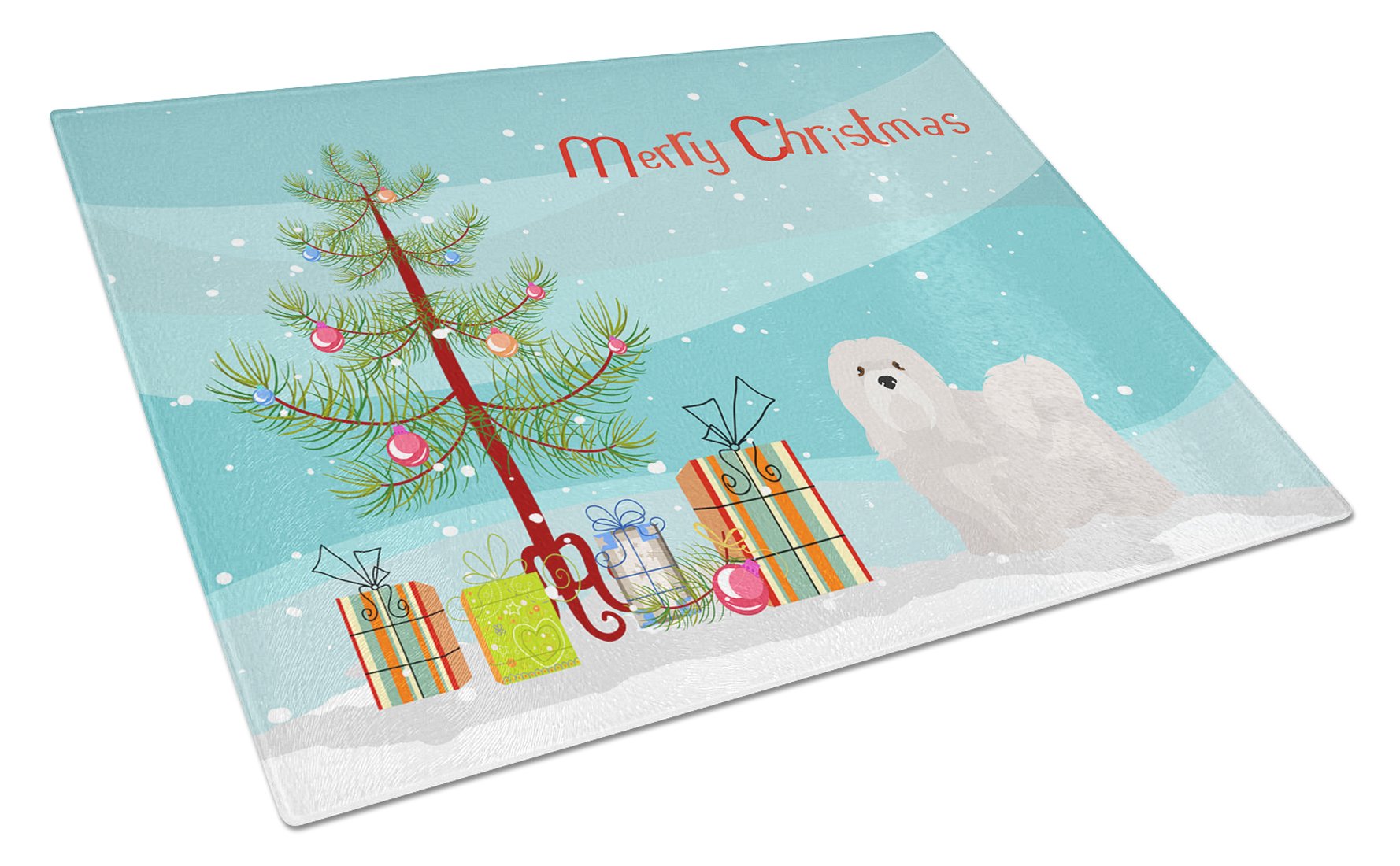 White Lhasa Apso Christmas Tree Cutting Board Tempered Glass Kitchen Cutting Surface, Heat Resistant Chopping, Non-Slip Feet, Food Prep & Serving