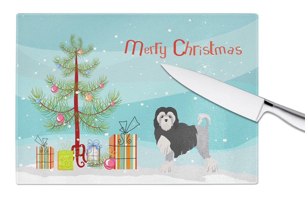 Lowchen or Little Lion Dog Christmas Tree Cutting Board Tempered Glass Kitchen Cutting Surface, Heat Resistant Chopping, Non-Slip Feet, Food Prep & Serving