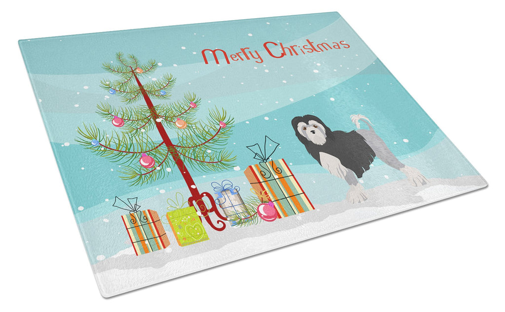Lowchen or Little Lion Dog Christmas Tree Cutting Board Tempered Glass Kitchen Cutting Surface, Heat Resistant Chopping, Non-Slip Feet, Food Prep & Serving