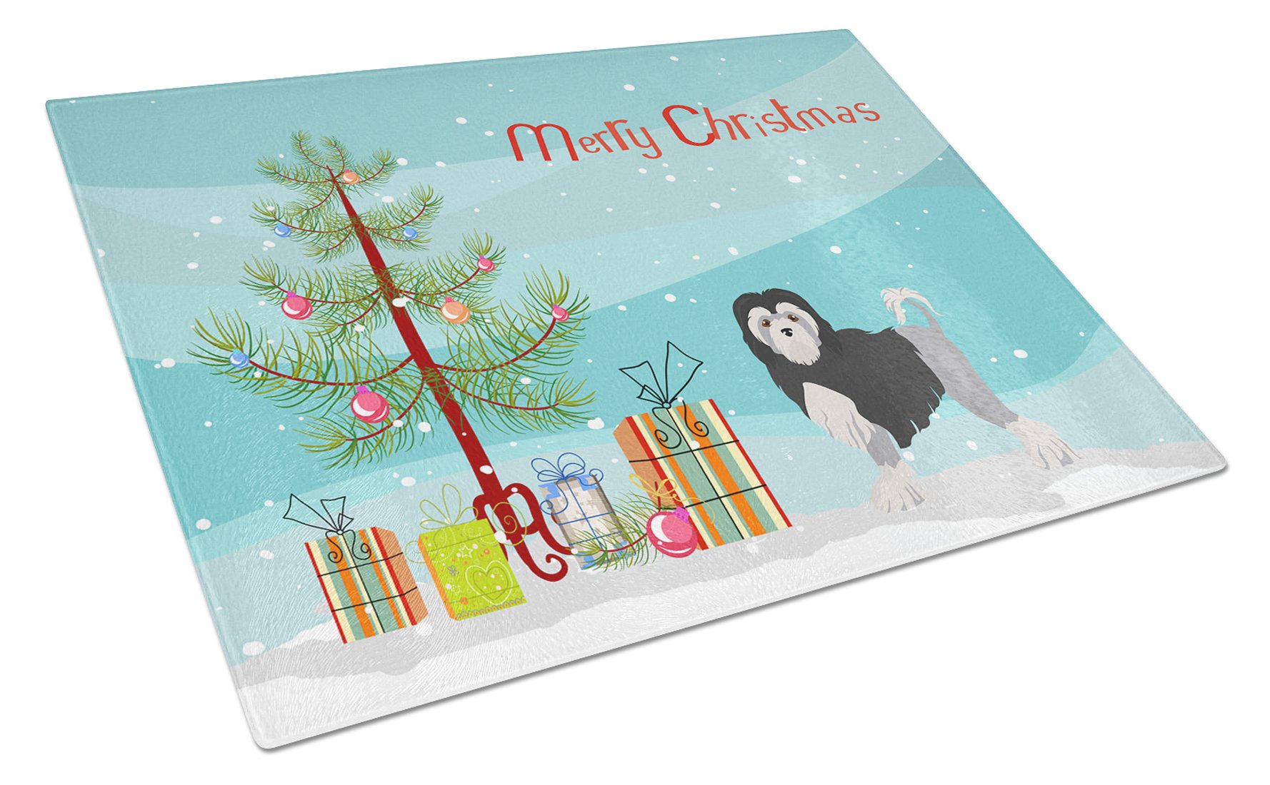 Lowchen or Little Lion Dog Christmas Tree Cutting Board Tempered Glass Kitchen Cutting Surface, Heat Resistant Chopping, Non-Slip Feet, Food Prep & Serving