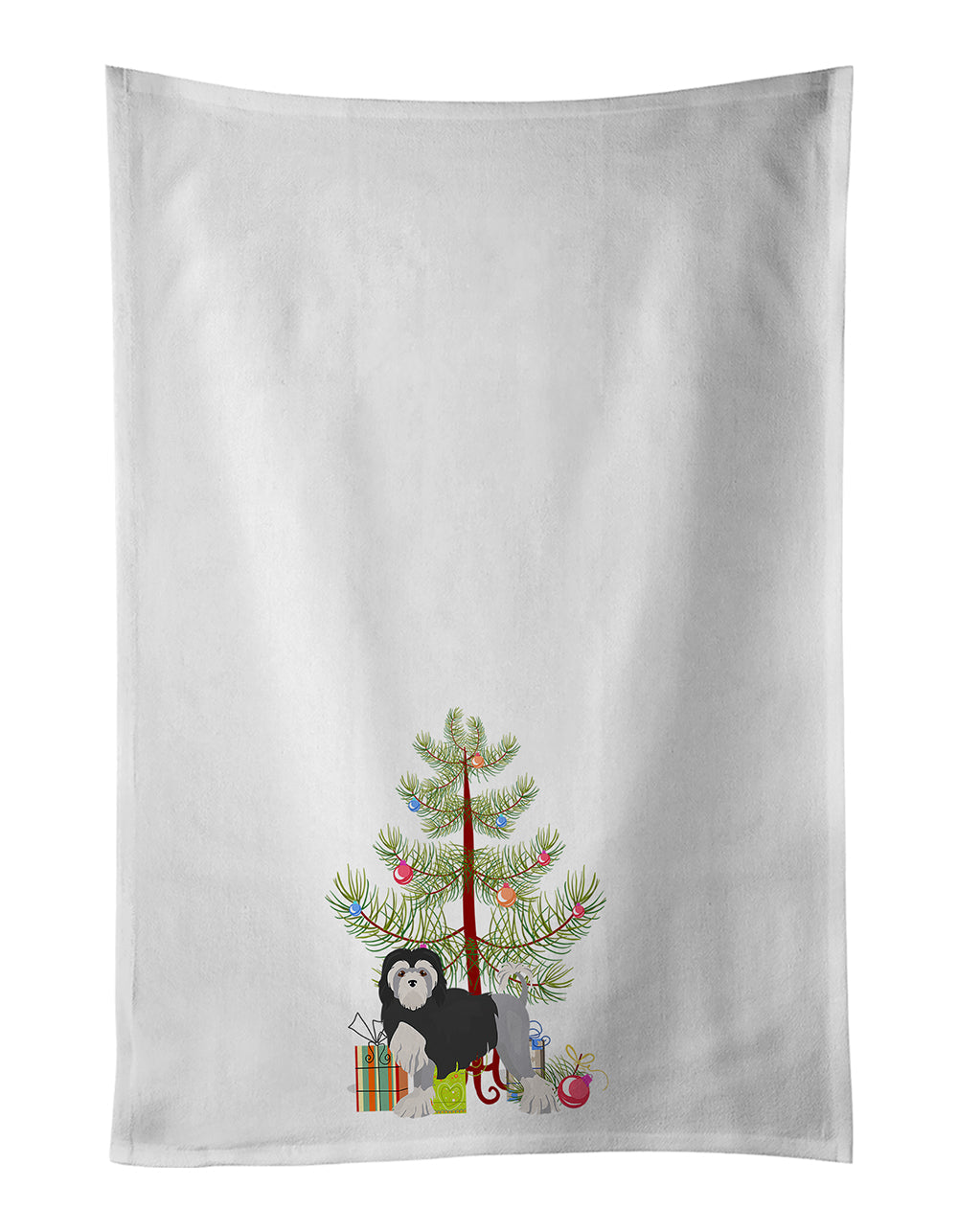 Lowchen or Little Lion Dog Christmas Tree Kitchen Towel Set of 2 White Dish Towels Decorative Bathroom Hand towel for Hand, Face, Hair, Yoga, Tea, Dishcloth, 19 X 28", White