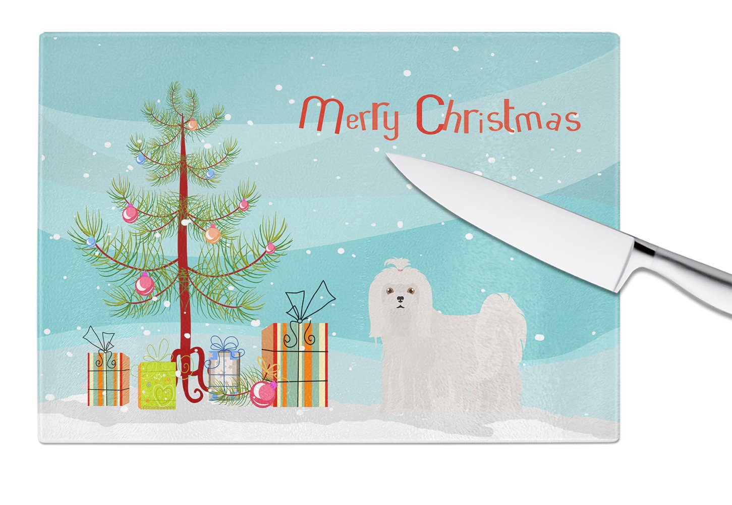 Maltese Christmas Tree Cutting Board Tempered Glass Kitchen Cutting Surface, Heat Resistant Chopping, Non-Slip Feet, Food Prep & Serving