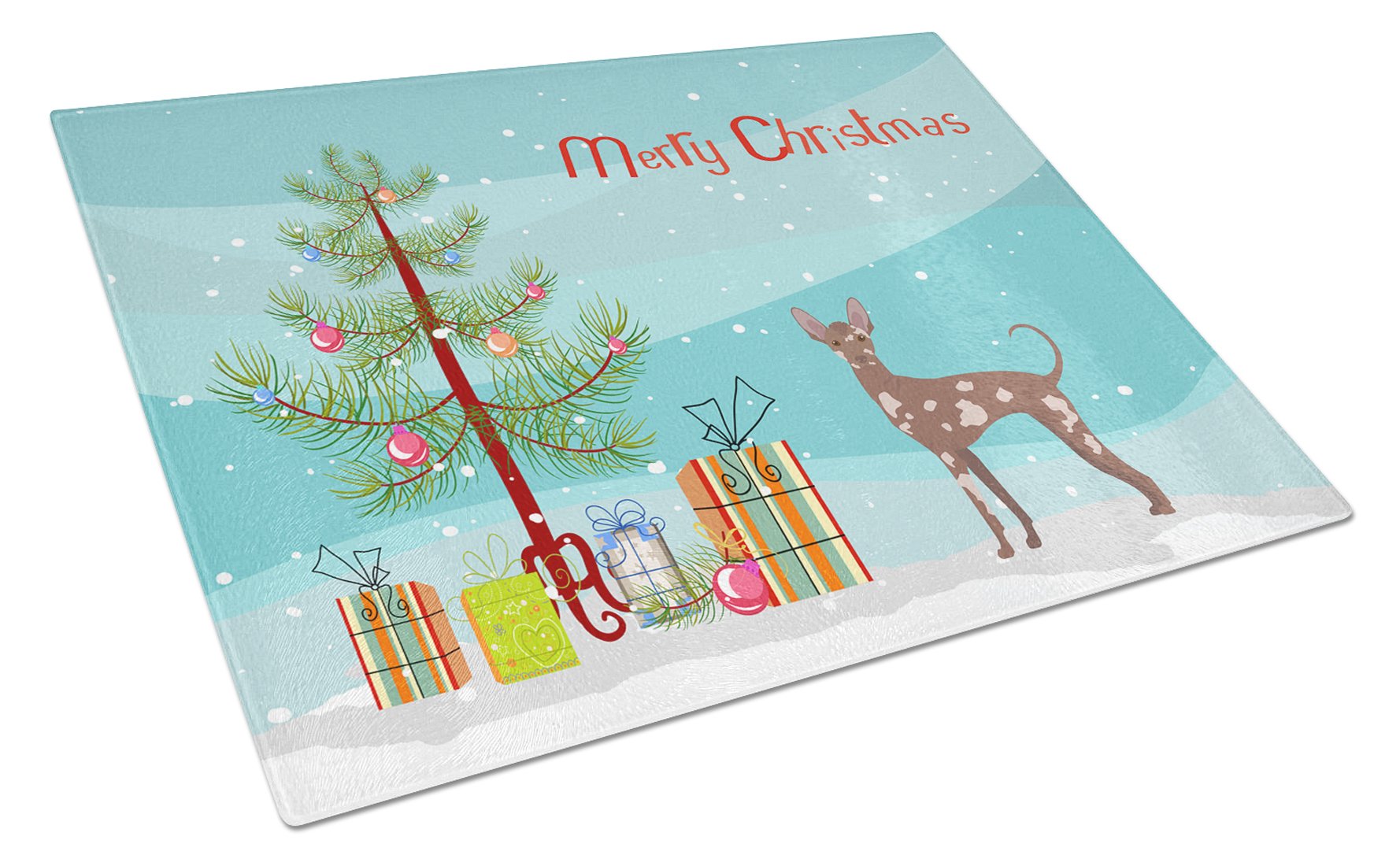 Mexican Hairless Dog Christmas Tree Cutting Board Tempered Glass Kitchen Cutting Surface, Heat Resistant Chopping, Non-Slip Feet, Food Prep & Serving