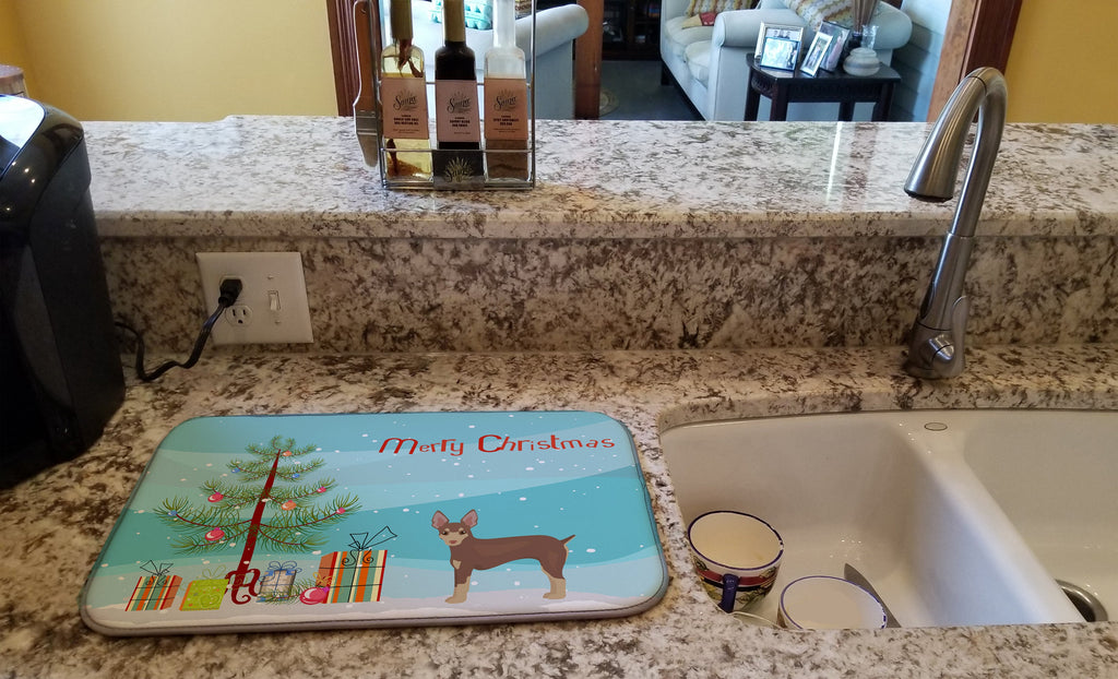 Miniature Fox Terrier Christmas Tree Dish Drying Mat Absorbent Dish Drying Mat Pad for Kitchen Counter Dish Drainer Mat for Countertop, 14 x 21", Multicolor