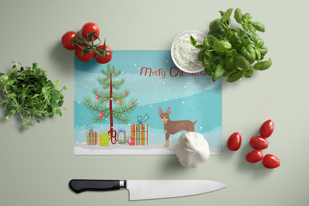 Miniature Fox Terrier Christmas Tree Cutting Board Tempered Glass Kitchen Cutting Surface, Heat Resistant Chopping, Non-Slip Feet, Food Prep & Serving