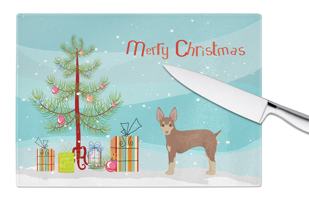 Miniature Fox Terrier Christmas Tree Cutting Board Tempered Glass Kitchen Cutting Surface, Heat Resistant Chopping, Non-Slip Feet, Food Prep & Serving