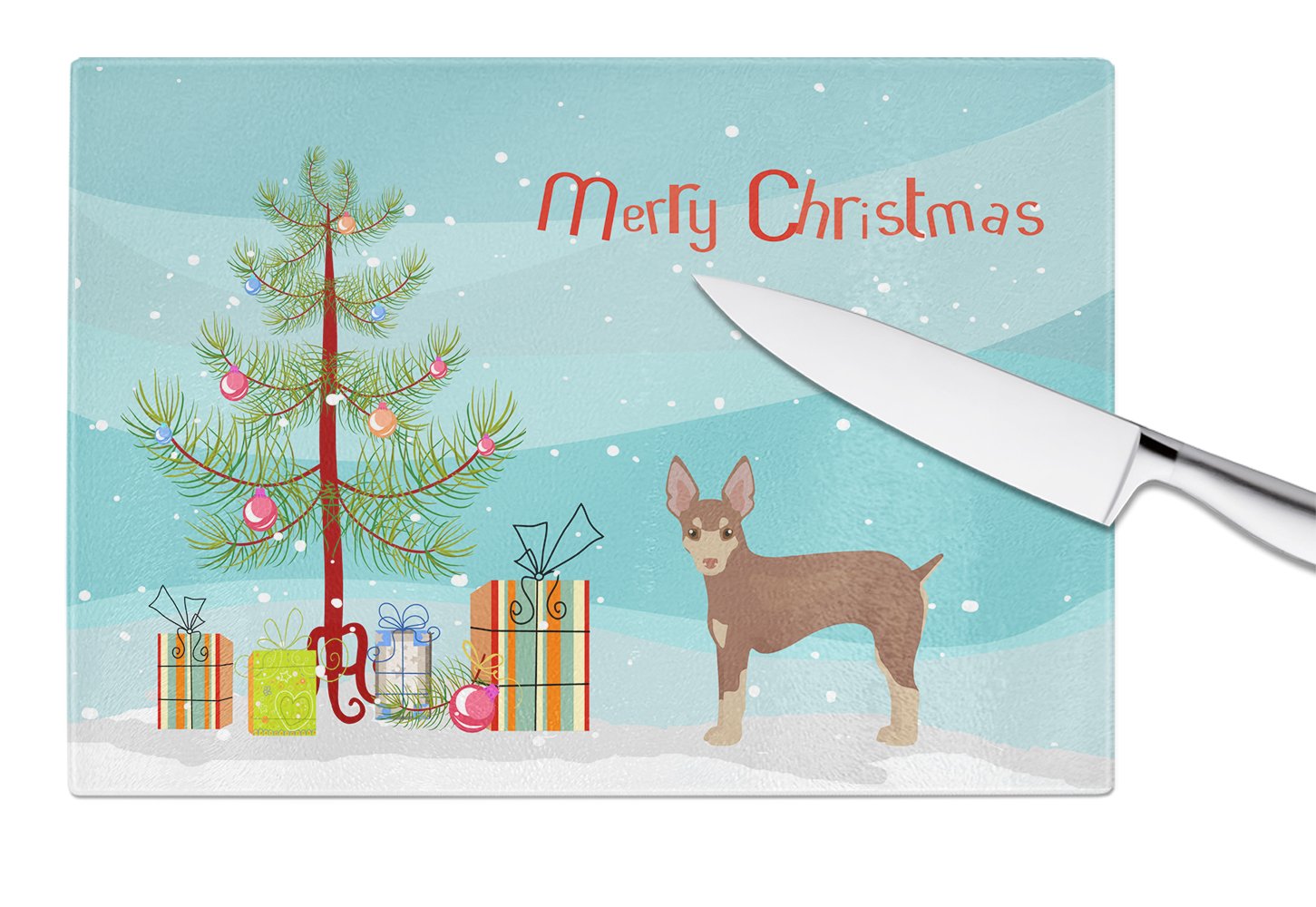 Miniature Fox Terrier Christmas Tree Cutting Board Tempered Glass Kitchen Cutting Surface, Heat Resistant Chopping, Non-Slip Feet, Food Prep & Serving
