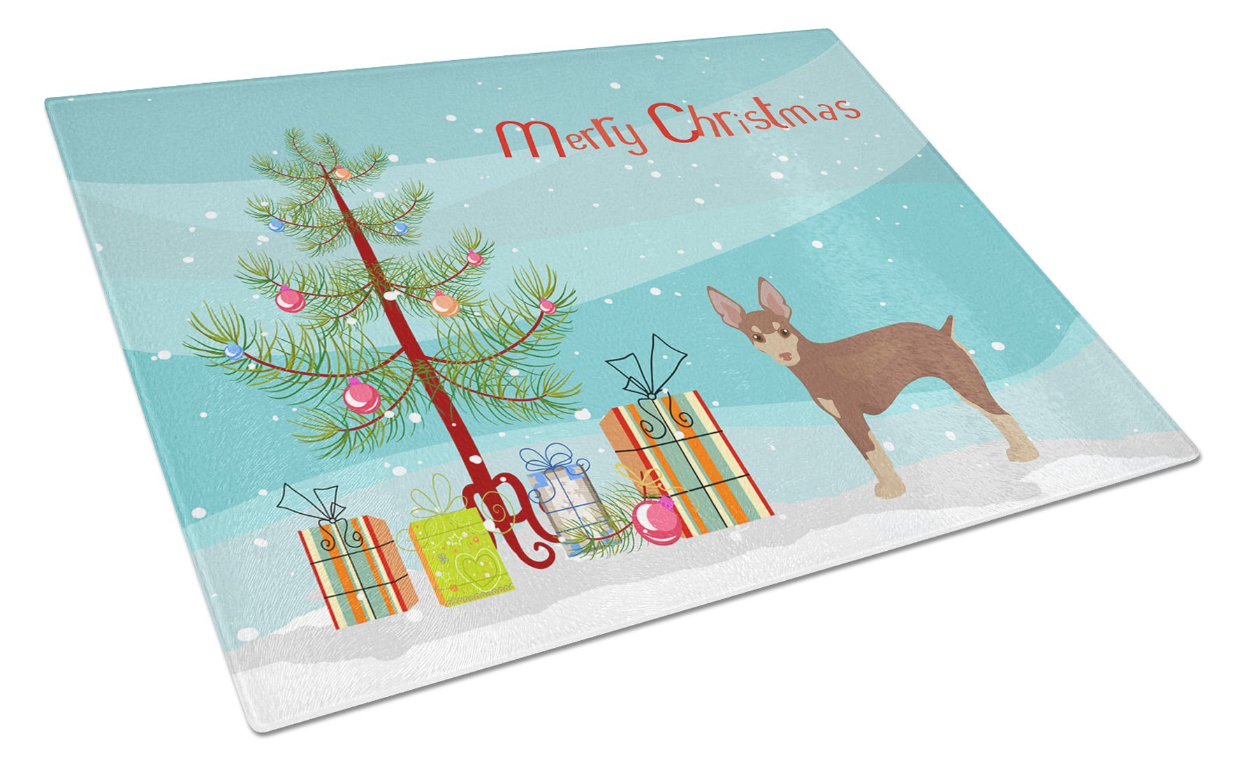 Miniature Fox Terrier Christmas Tree Cutting Board Tempered Glass Kitchen Cutting Surface, Heat Resistant Chopping, Non-Slip Feet, Food Prep & Serving