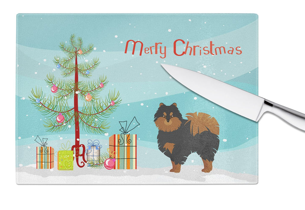 Pomeranian Christmas Tree Cutting Board Tempered Glass Kitchen Cutting Surface, Heat Resistant Chopping, Non-Slip Feet, Food Prep & Serving