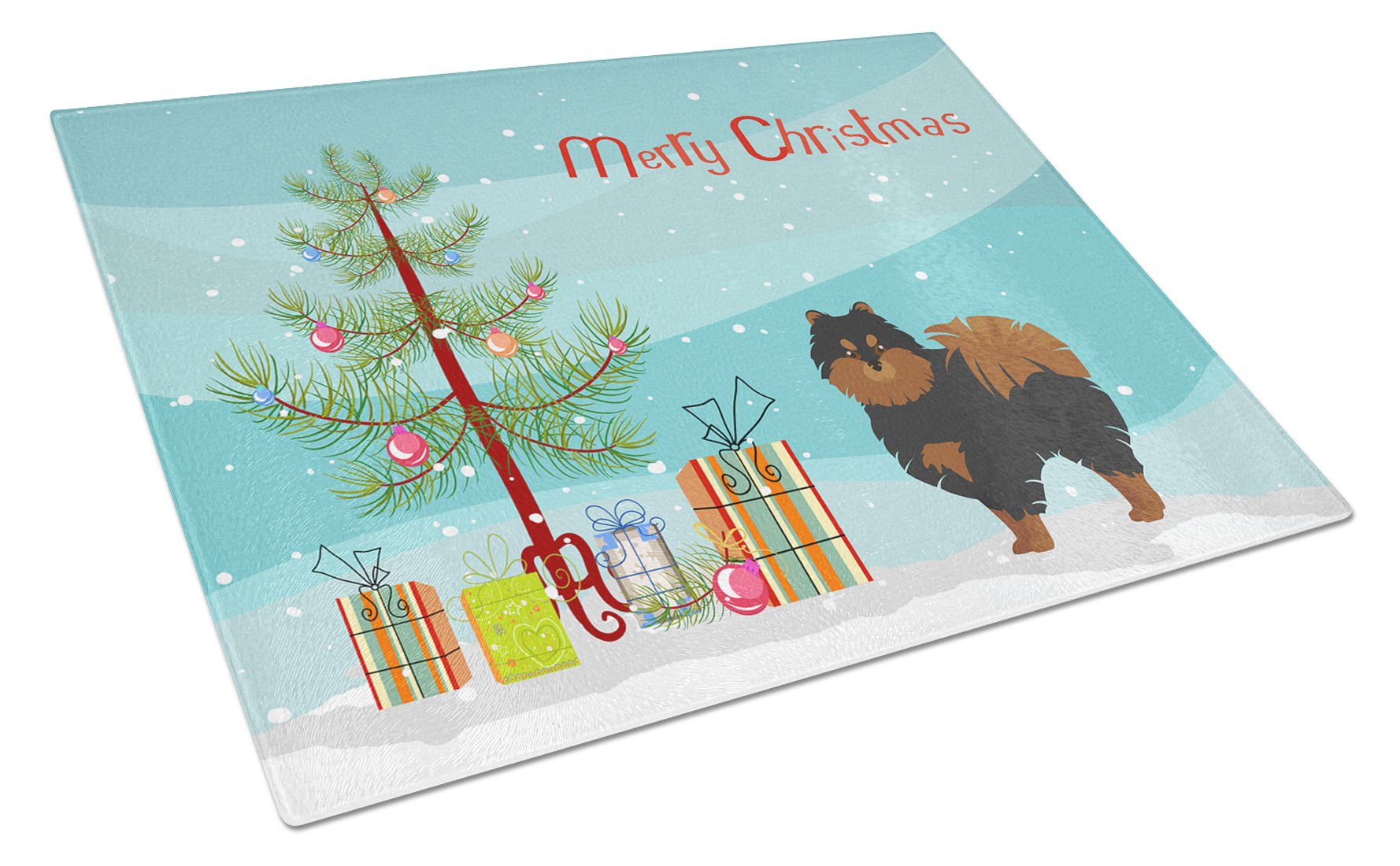 Pomeranian Christmas Tree Cutting Board Tempered Glass Kitchen Cutting Surface, Heat Resistant Chopping, Non-Slip Feet, Food Prep & Serving