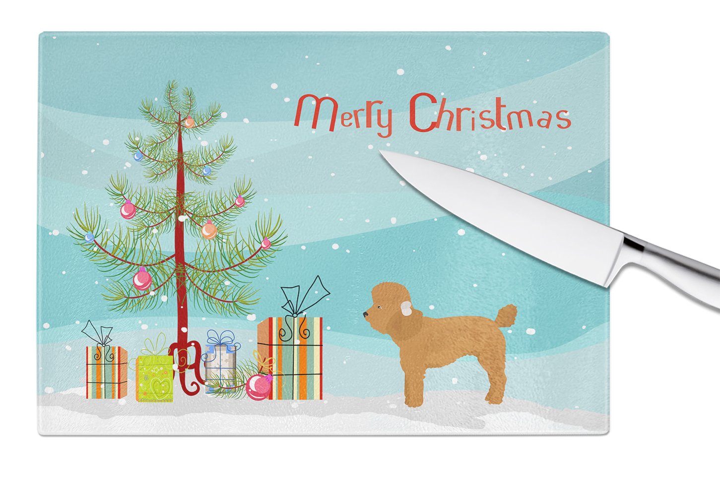 Toy Poodle Christmas Tree Cutting Board Tempered Glass Kitchen Cutting Surface, Heat Resistant Chopping, Non-Slip Feet, Food Prep & Serving