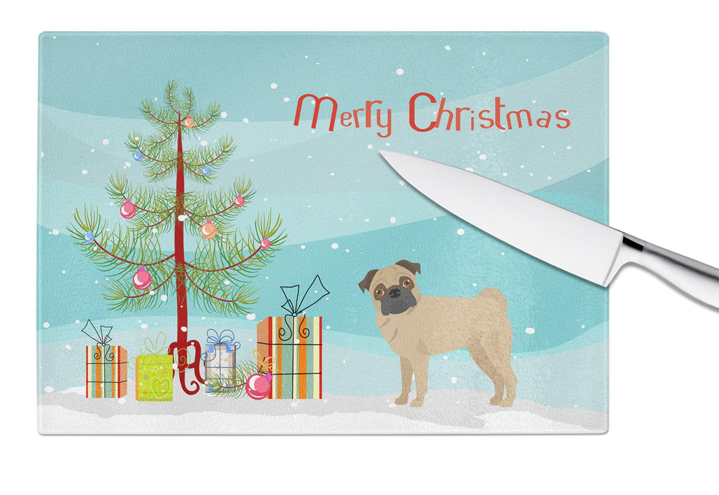 Pug Christmas Tree Cutting Board Tempered Glass Kitchen Cutting Surface, Heat Resistant Chopping, Non-Slip Feet, Food Prep & Serving