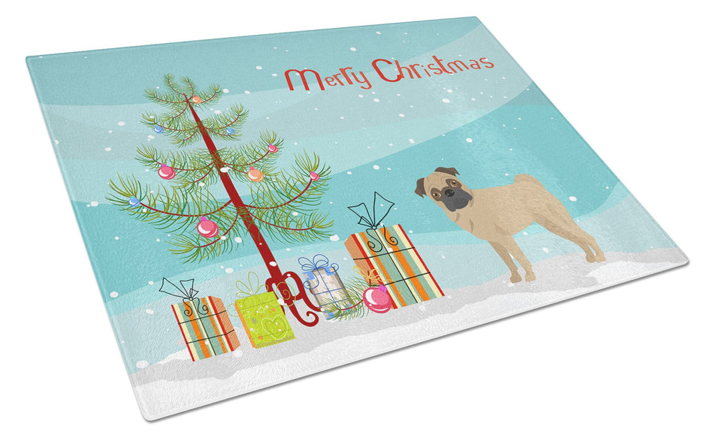 Pug Christmas Tree Cutting Board Tempered Glass Kitchen Cutting Surface, Heat Resistant Chopping, Non-Slip Feet, Food Prep & Serving
